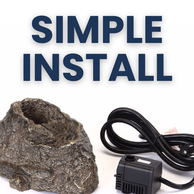 An image showing the ease of installing the Stonecreek Waterfall Rock with a visible power cord and plug.