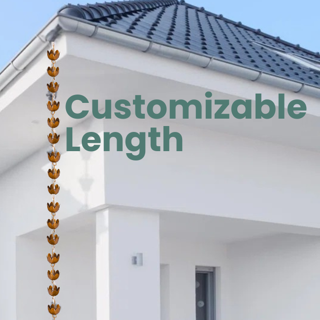 Close-up of an individual floral cup on the rain chain, made of durable steel with a browned copper finish, perfect for enhancing outdoor drainage systems.