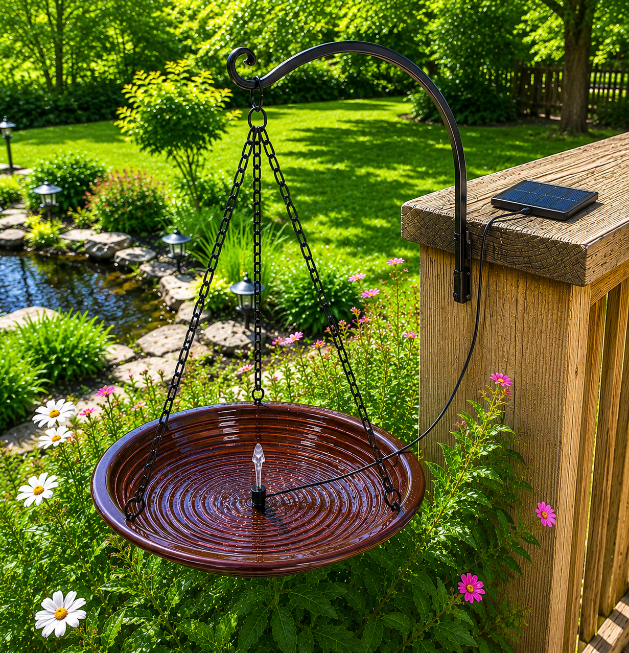 Bird bath hanging on a metal stand in a garden setting with flowers and a wooden deck.