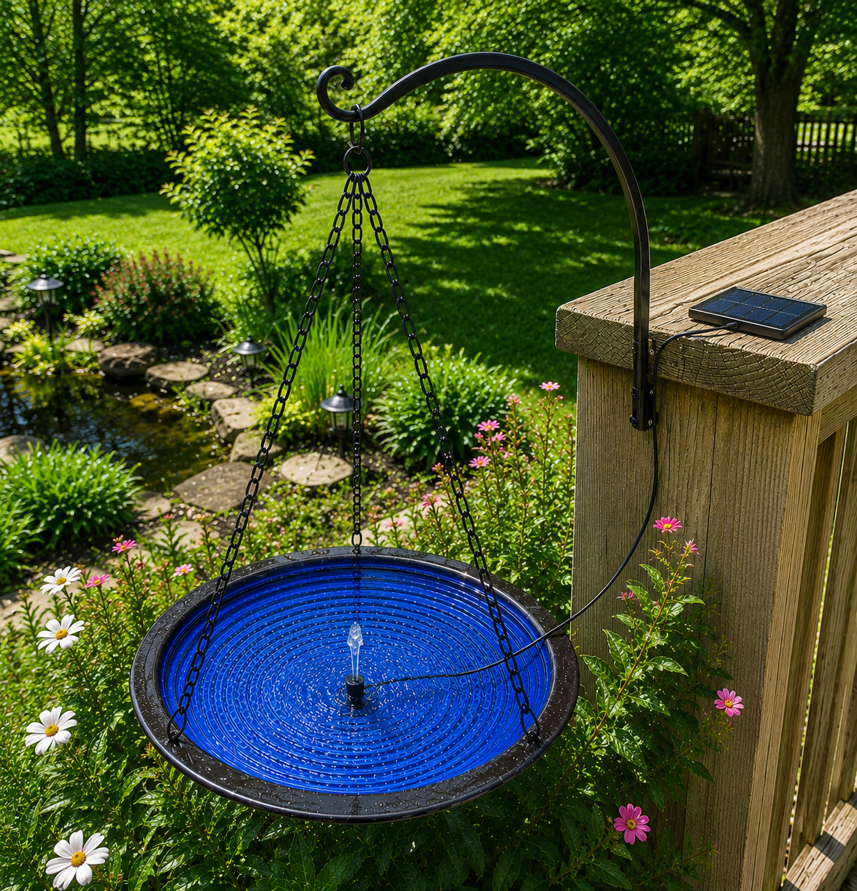Blue bird bath with solar panel on a wooden deck in a garden setting