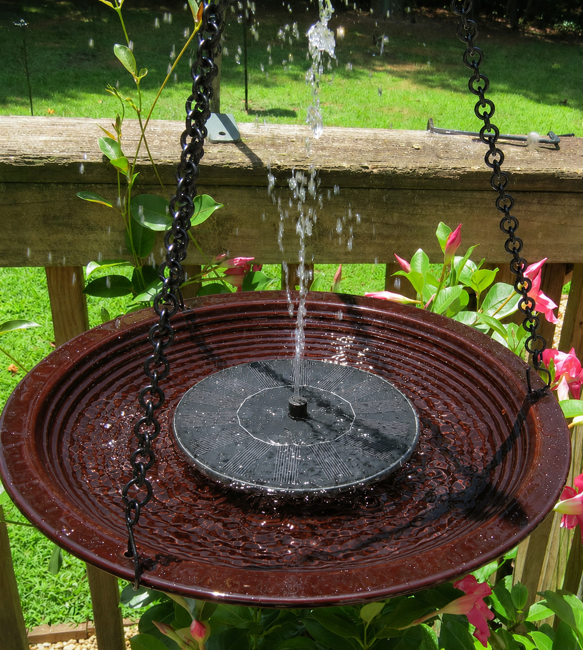 Hanging bird bath with water feature in a garden setting