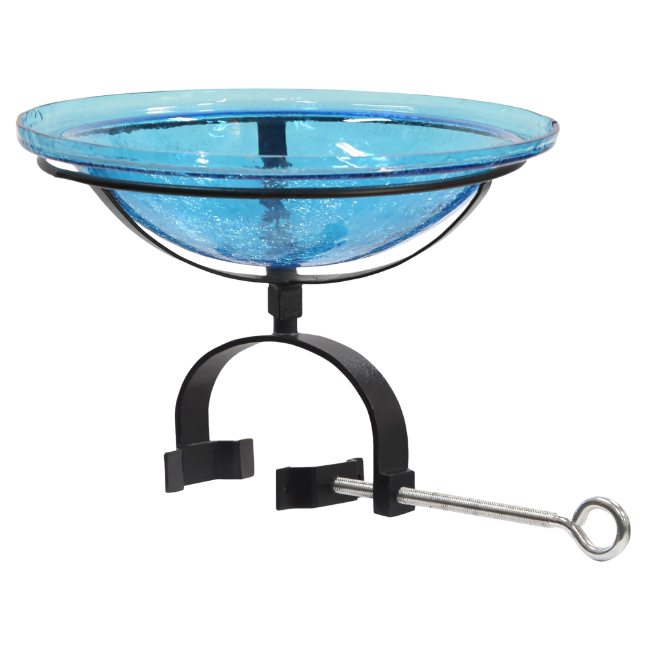 12-inch glass bird bath with a 4-inch deep center, equipped with a solar-powered bubbler and easy-to-install deck clamp. Perfect for bird enthusiasts looking to add a functional and attractive feature to their porch.