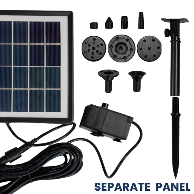 Solar Fountain Kit with a 10ft cable, featuring three nozzle spray patterns to attract birds with moving water. No batteries required, this eco-friendly fountain operates on solar power, adding beauty to your birdbath or garden