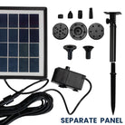Solar Fountain Kit with a 10ft cable, featuring three nozzle spray patterns to attract birds with moving water. No batteries required, this eco-friendly fountain operates on solar power, adding beauty to your birdbath or garden
