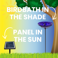 Efficient solar-powered birdbath setup with the solar panel placed in full sun and the birdbath in the shade. This ensures the solar fountain operates smoothly while providing a comfortable bathing spot for birds