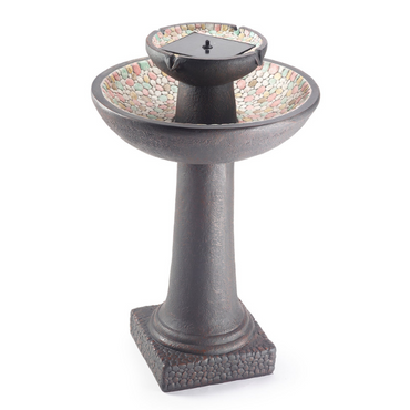 Solar Pebble Stream Fountain in forest brown finish with hand-painted pebbles and solar-powered pump, adding elegance and serenity to your outdoor space.