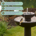 Solar Pebble Stream Fountain with built-in solar panel for easy setup and birds enjoying the gentle water flow, enhancing your garden’s natural beauty.