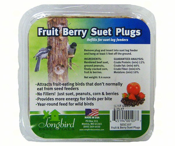 Packaging of Fruit Berry Suet Plugs with bird illustration on a white background