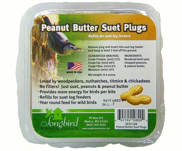 Peanut Butter Suet Plugs packaging with a bird on a branch and product details.