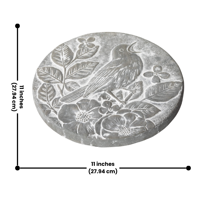 Songbird Stepping Stone with detailed dimensions displayed, measuring 11 inches by 11 inches, featuring an embossed bird and flowers in gray cement.