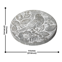 Songbird Stepping Stone with detailed dimensions displayed, measuring 11 inches by 11 inches, featuring an embossed bird and flowers in gray cement.