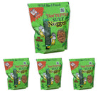 Green packaging of "Hot Pepper Suet Nuggets" wild bird food, featuring cartoon birds near a feeder, and "No Waste" text. Four bags are shown.