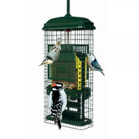 Green bird feeder with birds perched on it against a white background