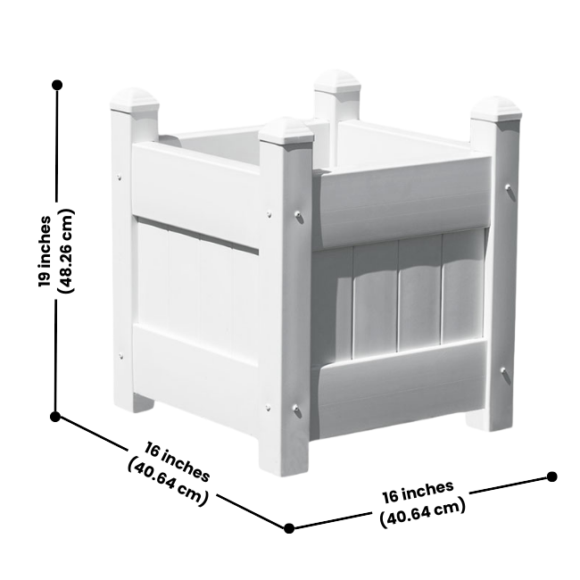 A single white vinyl planter box measuring 16 inches wide and 19 inches tall, perfect for flowers or greenery.