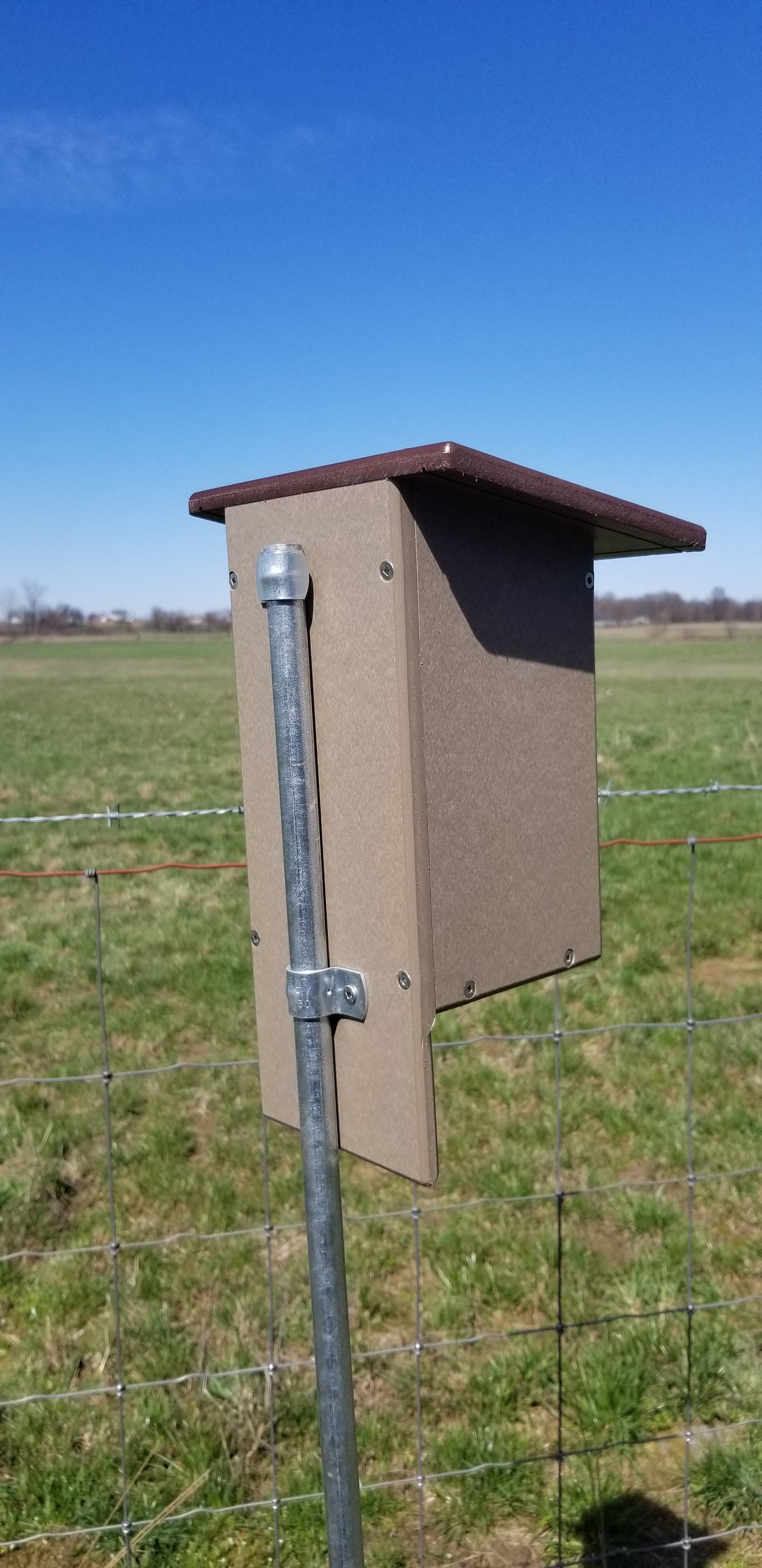 Birdhouse attached to a pole with a clear blue sky and grassy field in the background