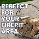 A modern black metal firewood rack filled with logs, set on a stone patio with bold text emphasizing its suitability for firepit areas.