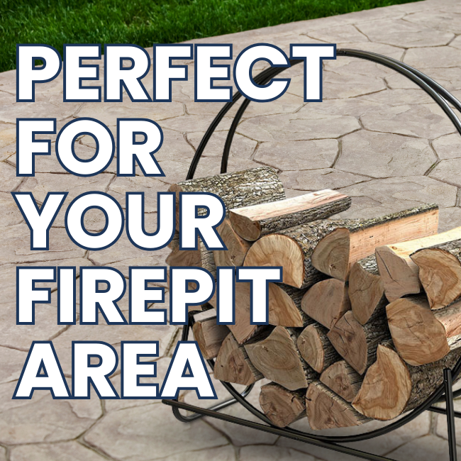 A modern black metal firewood rack filled with logs, set on a stone patio with bold text emphasizing its suitability for firepit areas.