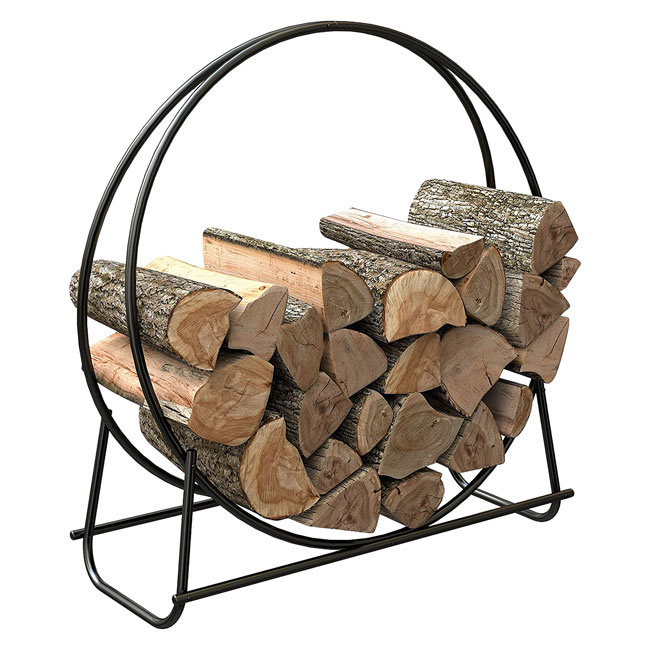 A sleek black circular firewood rack filled with stacked logs, designed for both indoor and outdoor use.