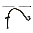 Close-up image of a wrought iron wall hook with a scroll design and measurements marked (17"L x 3"W x 14"H, wall clearance 16.25"). Ideal for hanging decorations up to 31" in diameter.