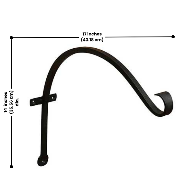 Close-up image of a wrought iron wall hook with a scroll design and measurements marked (17"L x 3"W x 14"H, wall clearance 16.25"). Ideal for hanging decorations up to 31" in diameter.
