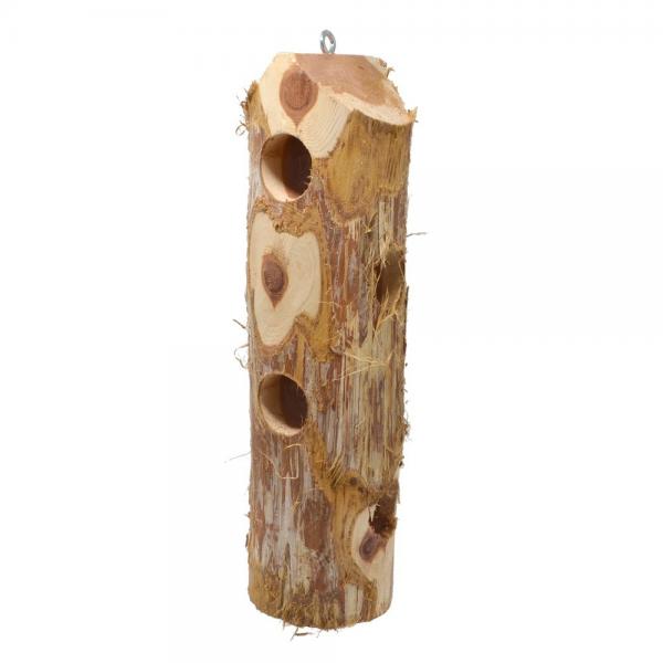 Wooden birdhouse shaped like a tree trunk with natural bark texture on a white background