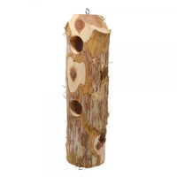 Wooden birdhouse shaped like a tree trunk with natural bark texture on a white background