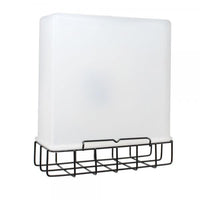 White soap dispenser with black metal stand on a white background