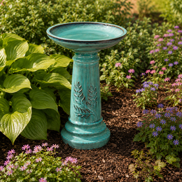teal ceramic bird bath sitting in a bed of flowers and hostas