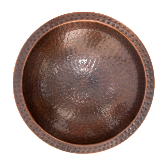 Top-down view of the Perch & Ponder Copper Birdbath, displaying the hammered copper texture and round bowl design.