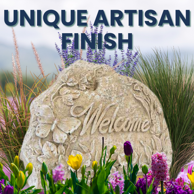 Yard Pathway Welcome Stone with raised detailing of leaves, butterfly, and ladybug, showcasing a unique artisan finish