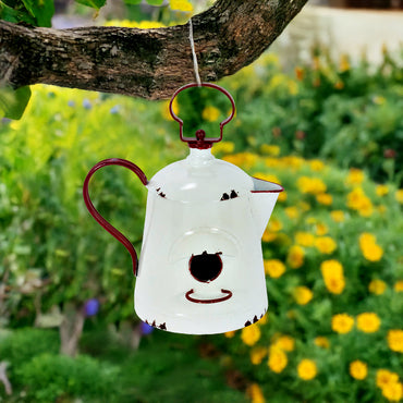 Unique vintage-inspired teapot bird feeder for backyard birds