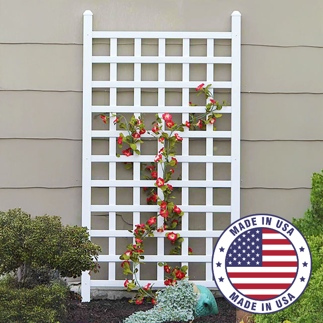 White vinyl trellis adorned with red climbing flowers, offering both beauty and function in the garden, with a sturdy construction for year-round use." Measurement: 35 inches (88.9 cm) W x 66 inches (167.64 cm) H