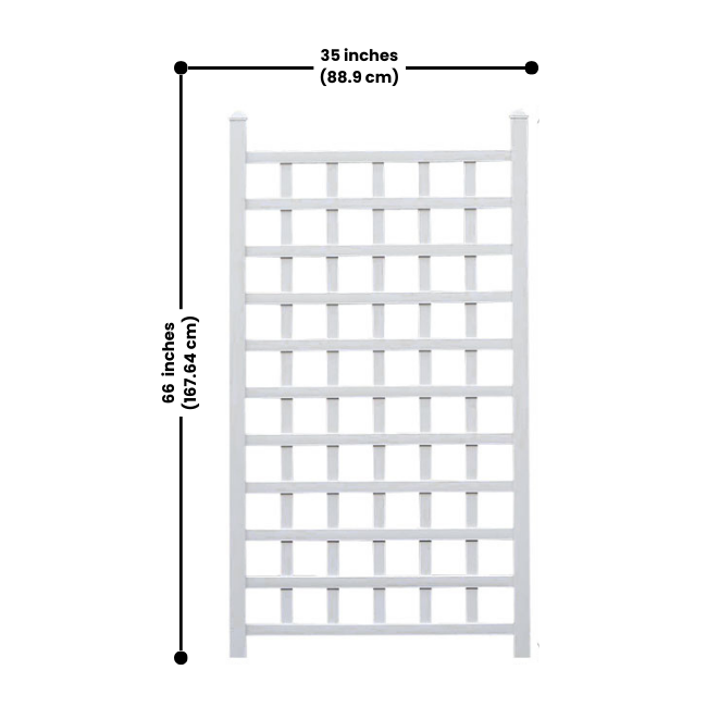 Close-up of the white vinyl trellis, ideal for supporting lush climbing vines and roses, with durable weather-resistant vinyl construction." Measurement: 35 inches (88.9 cm) W x 66 inches (167.64 cm) H