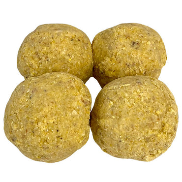 Four yellowish-brown boules on a white background