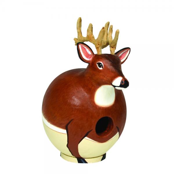 Deer-shaped birdhouse with brown and beige colors on a white background