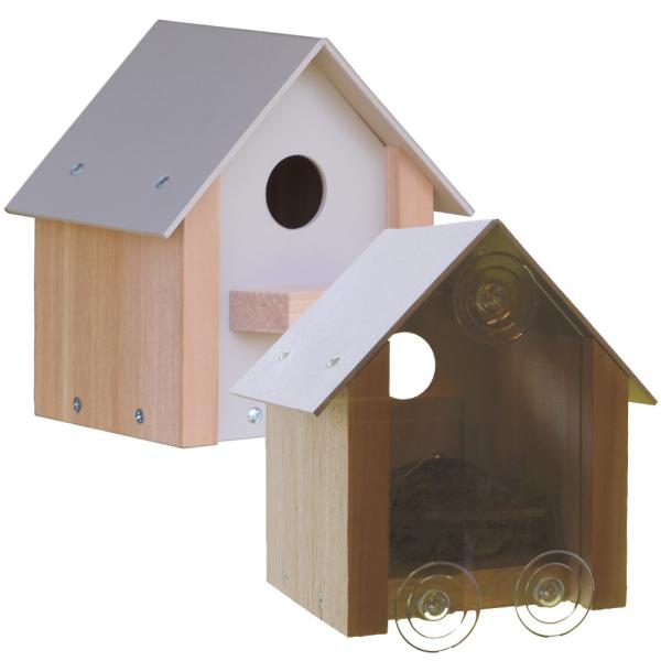 Two wooden birdhouses with different designs on a white background