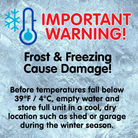 A winter care warning advising users to drain and store the fountain indoors when temperatures drop below 39°F (4°C).