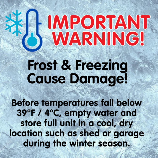 A winter care warning advising users to drain and store the fountain indoors when temperatures drop below 39°F (4°C).