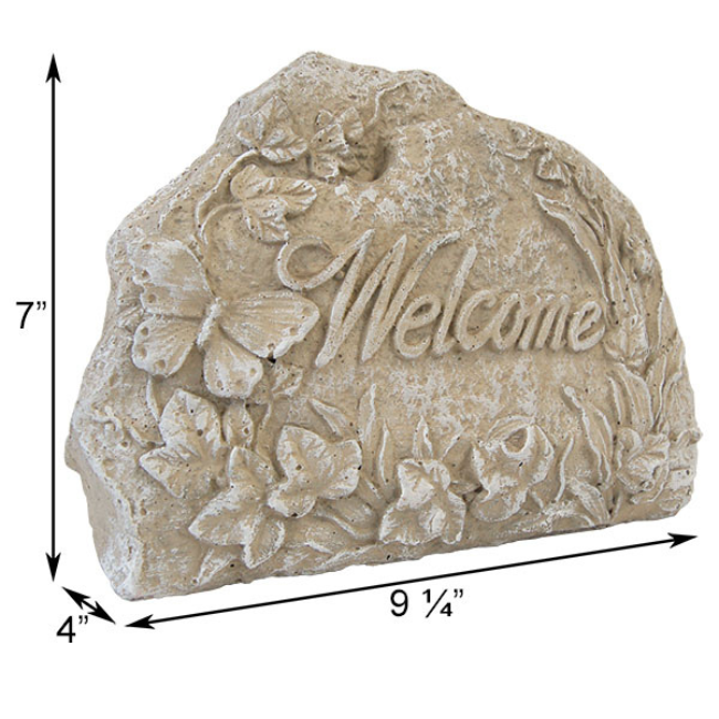 Dimensions of the Yard Pathway Welcome Stone: 9.25"L x 4"W x 7"H, featuring "Welcome" engraving and raised design.