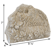 Dimensions of the Yard Pathway Welcome Stone: 9.25"L x 4"W x 7"H, featuring "Welcome" engraving and raised design.