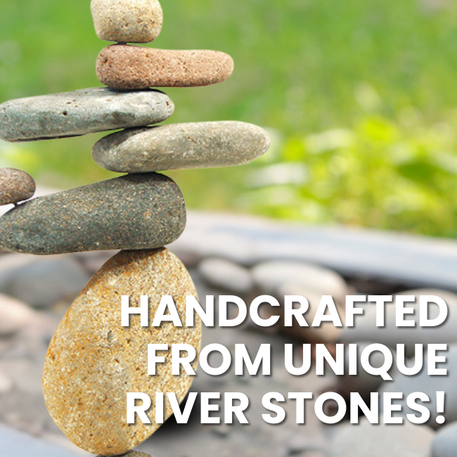 Zen Balance Stone Stack sculpture in the garden with natural stone colors and textures, symbolizing peace and balance