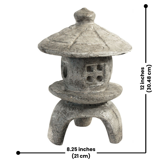 A single Zen Haven small round pagoda statue with dimensions shown – 12" height and 8.25" diameter, ideal for a peaceful garden setting.