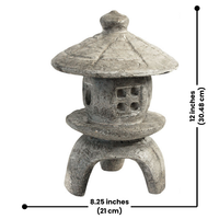 A single Zen Haven small round pagoda statue with dimensions shown – 12" height and 8.25" diameter, ideal for a peaceful garden setting.