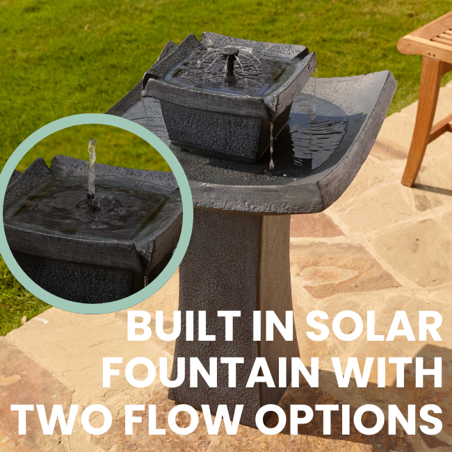 Zen Oasis Solar Fountain with two water flow options: bubbling and fountain spray effects, customizable for your outdoor ambiance
