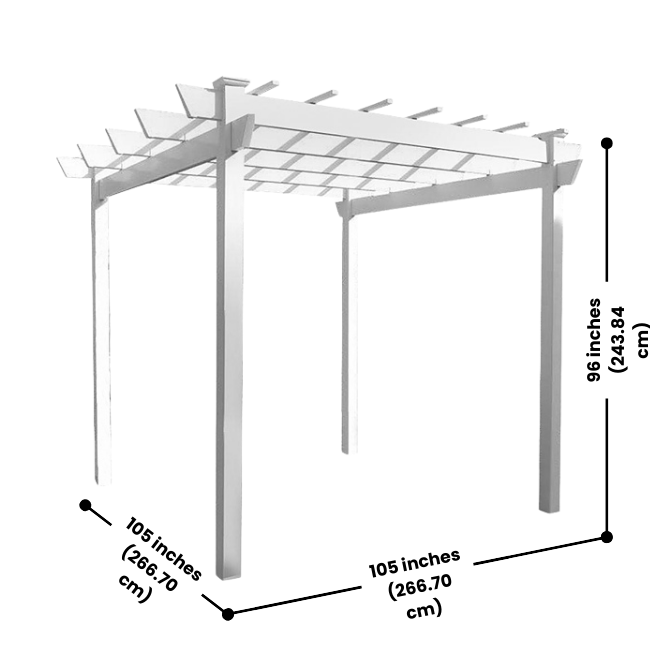The BreezeWay White Pergola with detailed dimensions: 105 inches wide and 105 inches deep, offering ample space for seating or climbing plants. Its weatherproof design ensures long-lasting enjoyment.