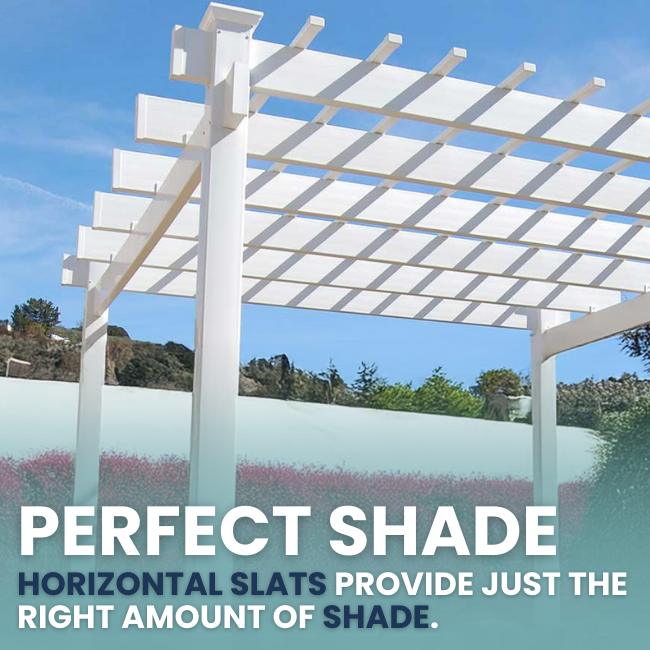 The BreezeWay White Pergola providing perfect shade with horizontal slats that create just the right amount of coverage. This pergola enhances your outdoor space with style and comfort, ideal for creating a garden retreat
