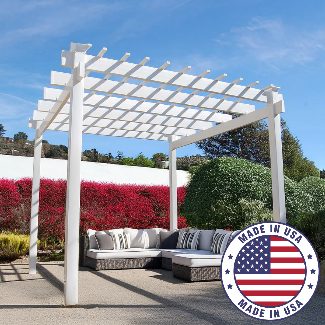 he BreezeWay White Pergola featuring a clean and modern design, with a flat top and horizontal slats that provide the perfect amount of shade. This stunning pergola is perfect for adding drama and elegance to your outdoor space
