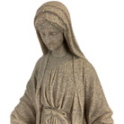 Close-up of the Mother Mary Garden Statue showing intricate detailing on her robes, face, and the serene expression of faith. The statue also displays the symbolic serpent and apple at the base.