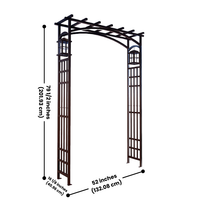 The Garden Entry Arbor with dimensions of 79.5 inches in height and 52 inches in width. Featuring Mission-style side panels and overhead curved arches with lantern holders, this stylish arbor adds elegance to any outdoor space