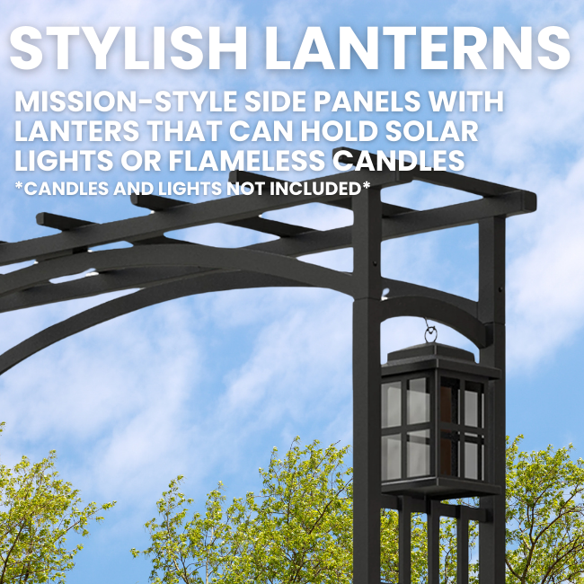 Close-up of the Garden Entry Arbor showing the elegant steel-and-glass lanterns hanging from curved overhead arches. These lanterns can hold flameless candles, adding a warm and welcoming glow to your garden entrance